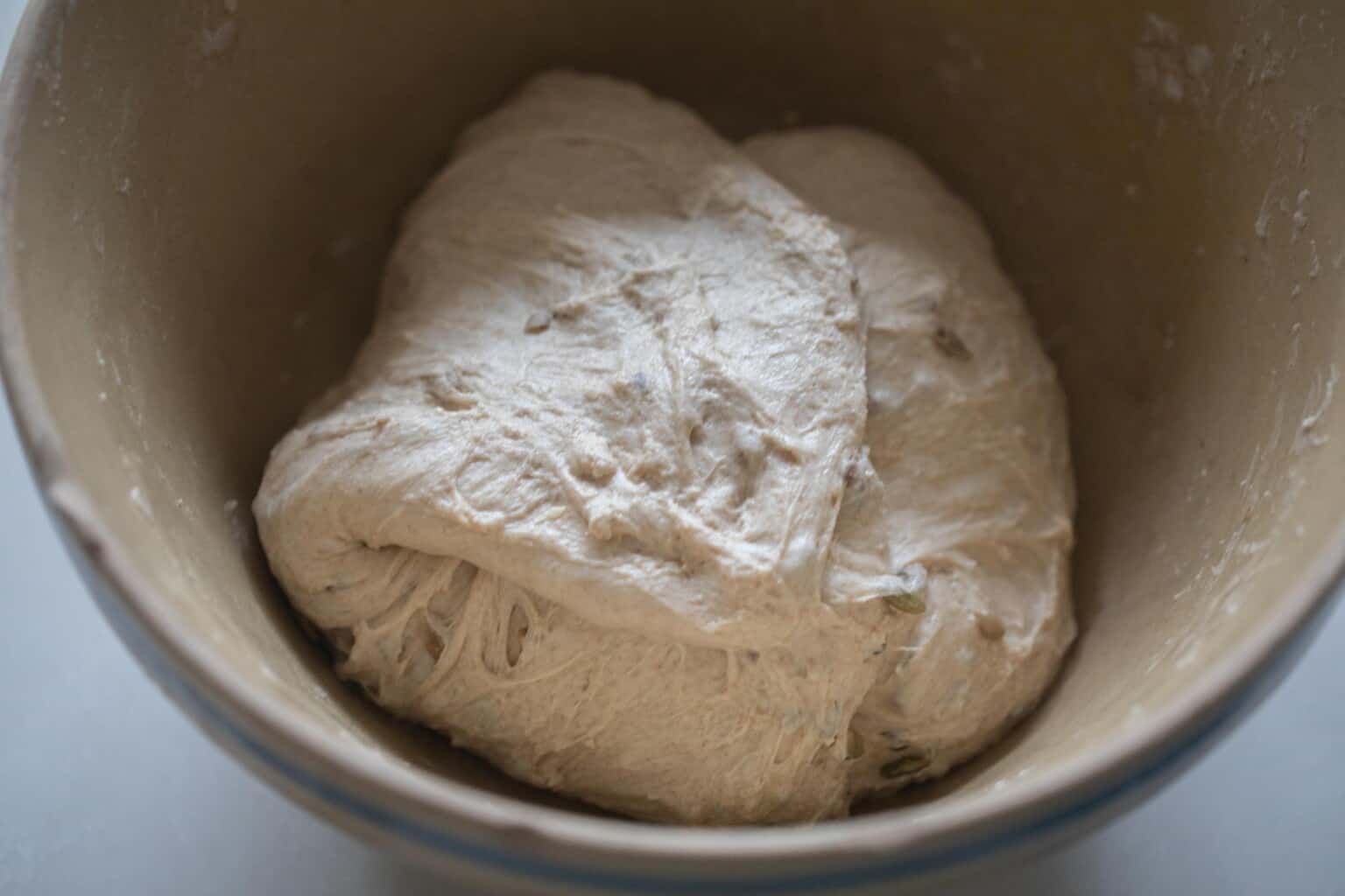 seeded sourdough bread dough in a large bowl after a stretch and fold