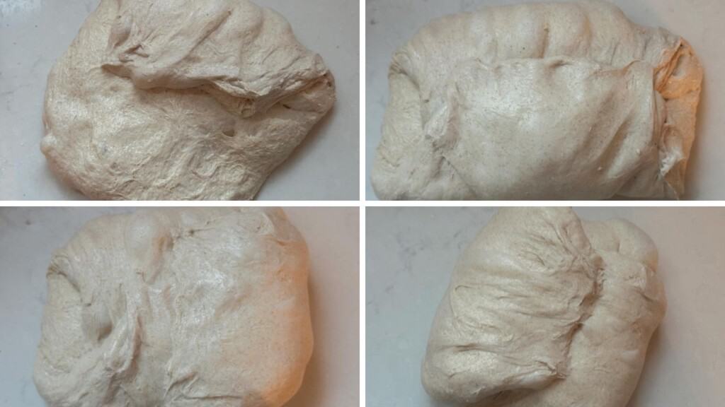 four photos showing how to shape honey sourdough bread dough
