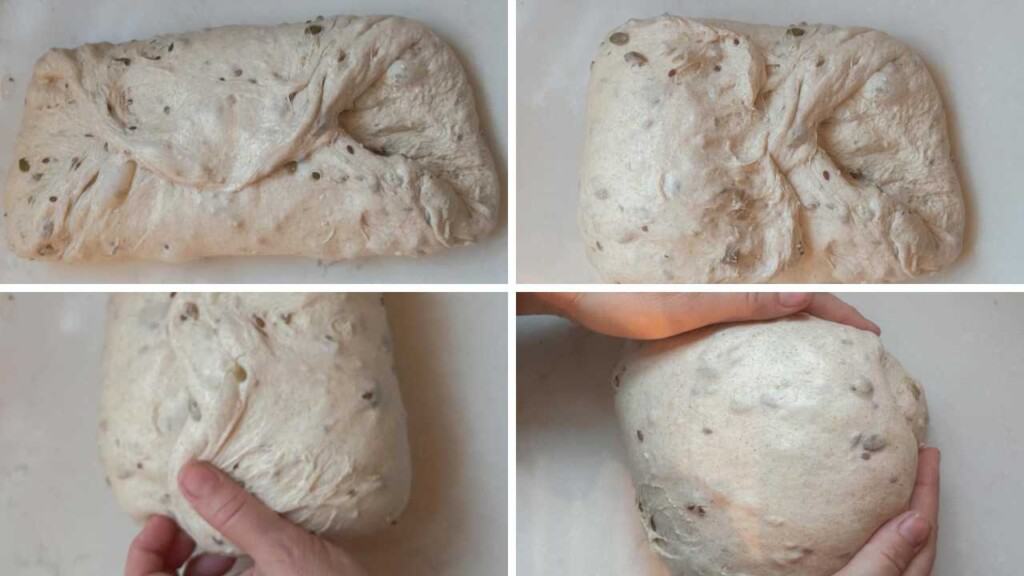 Four images to show how to fold seeded sourdough bread dough