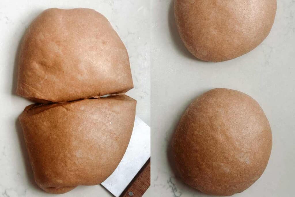 sourdough brown bread dough cut into two equal pieces