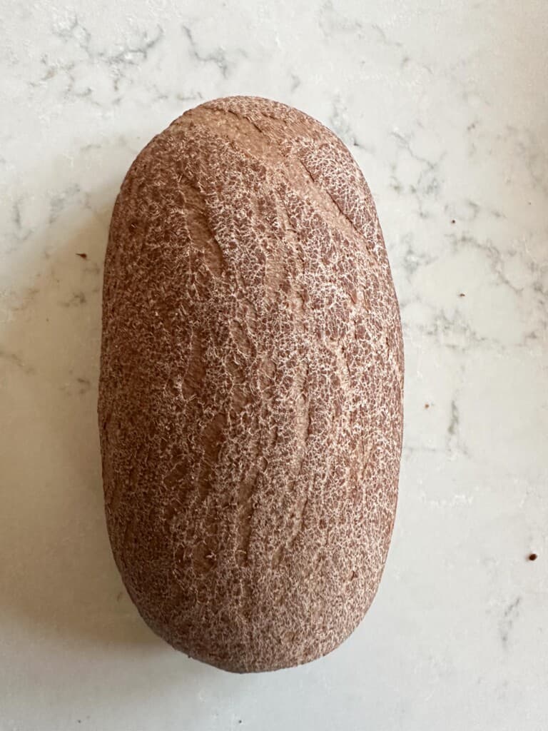 unbaked sourdough pumpernickel bread on a white countertop