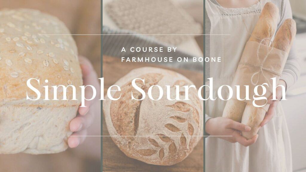 Three images of different types of sourdough bread, including a sandwich loaf, artisan boule, and French bread