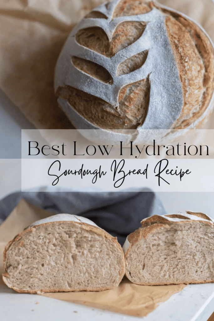 A low hydration sourdough boule on a piece of parchment paper and another boule cut in half