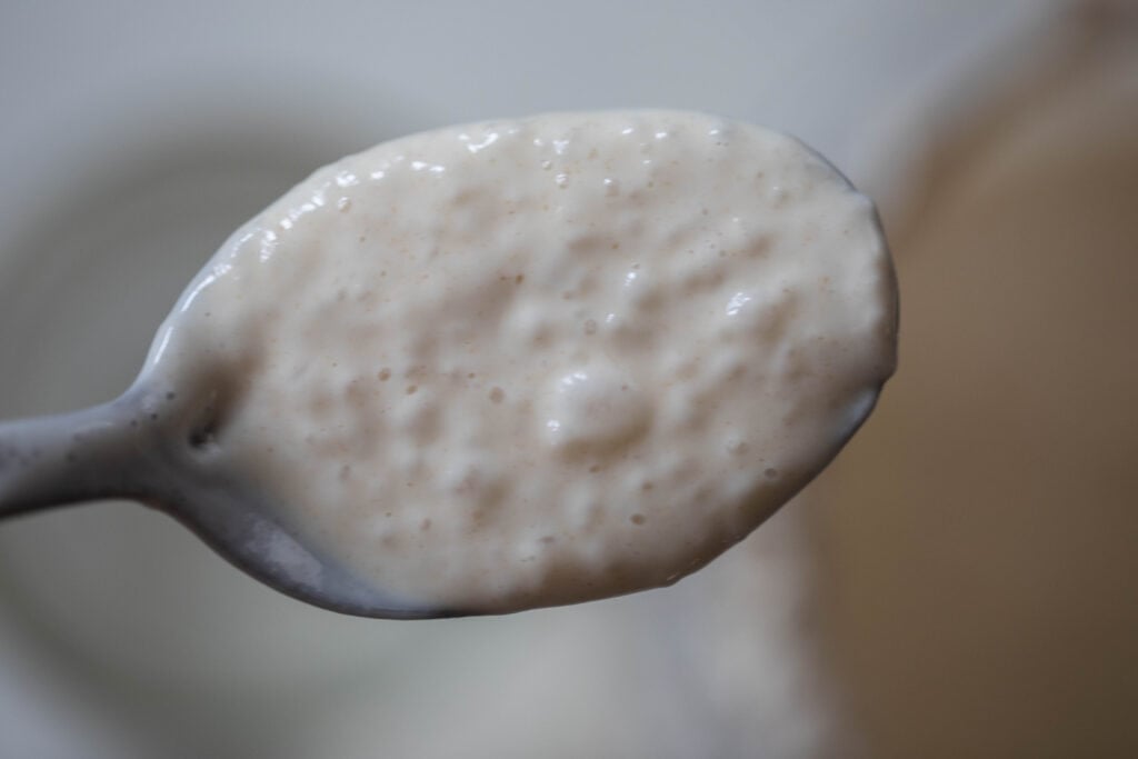 spoonful of sourdough starter with jars in the background