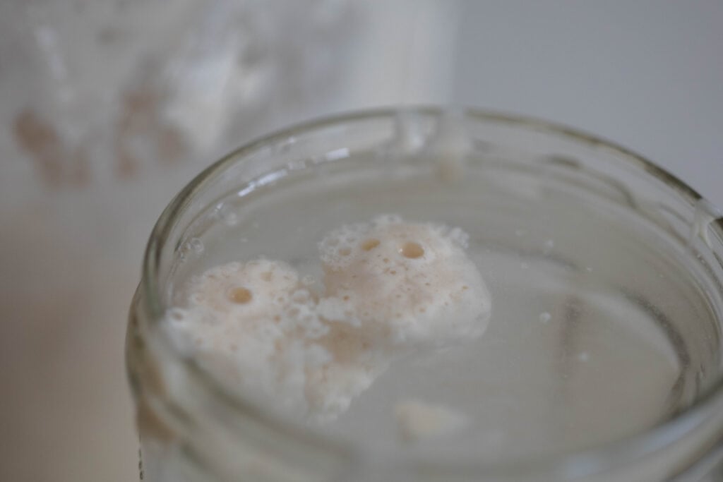 sourdough starter floating in a jar of water