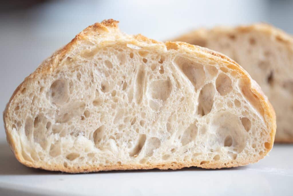 Sourdough bread made in a dutch oven cut into to show an open crumb