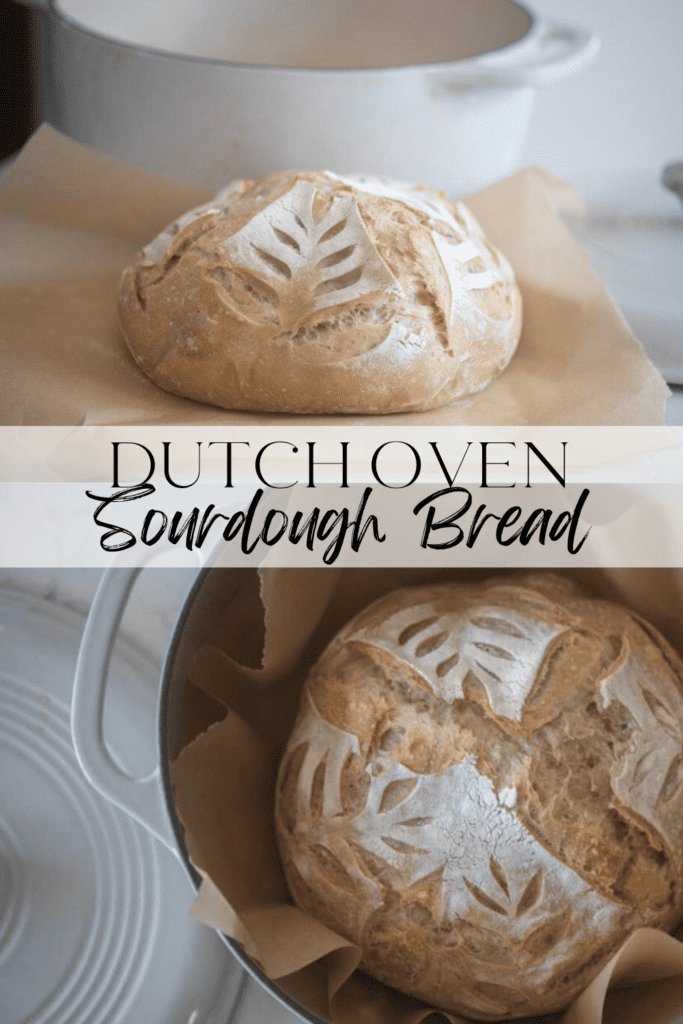 A picture of a sourdough loaf on parchment paper with a white dutch oven in the background and a photo of a baked sourdough loaf inside a white dutch oven with the lid off to the side