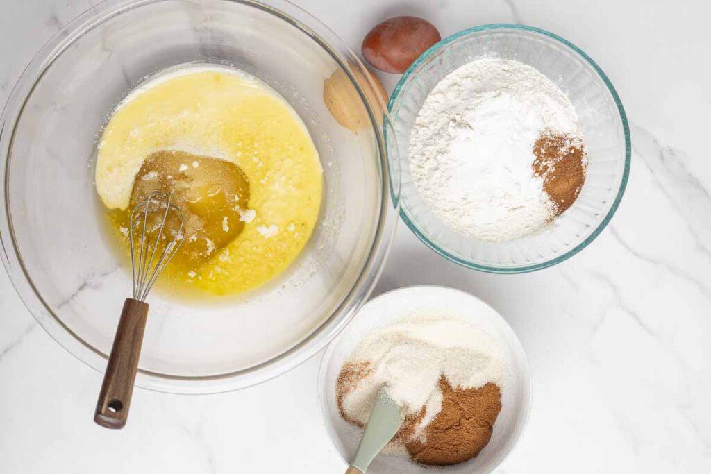 three glass bowls of ingredients 