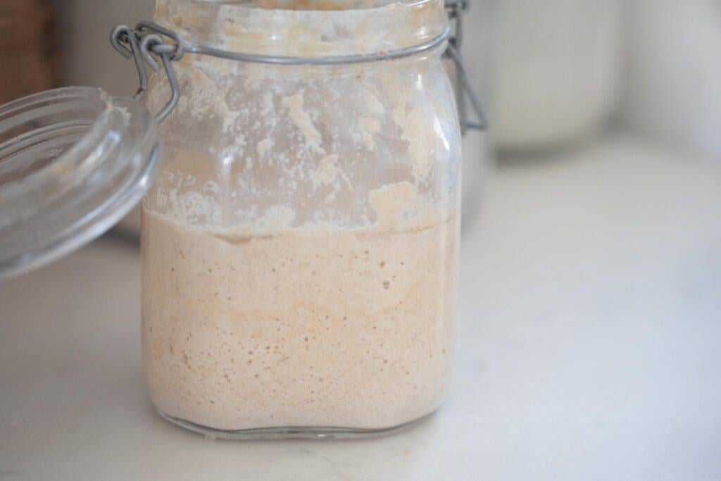 side view of a glass flip top container of whole wheat sourdough starter