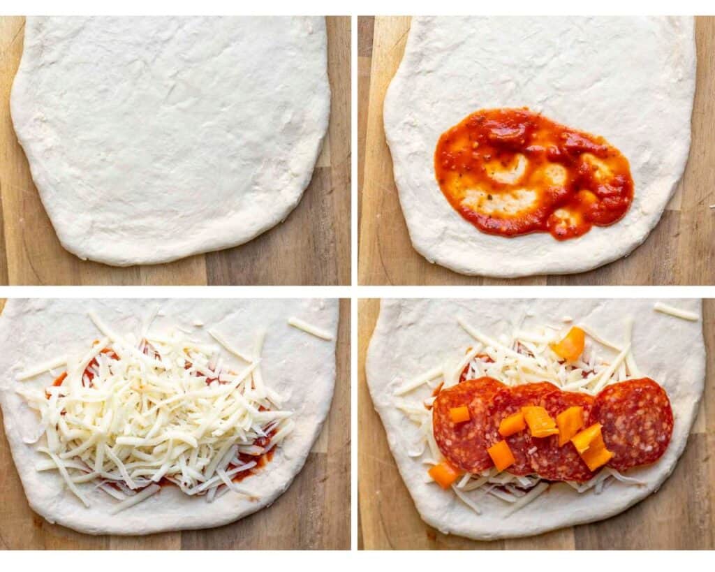 four pictures of building calzones with dough, sauce, cheese, pepperonis.