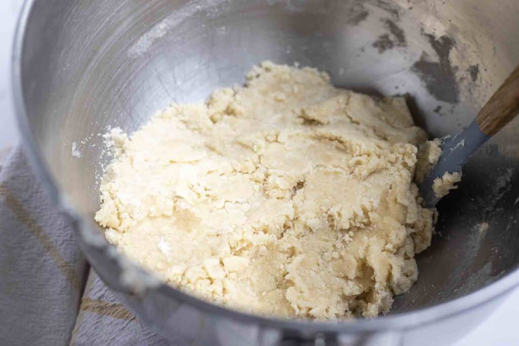 fermented dough in a stainless mixing bowl