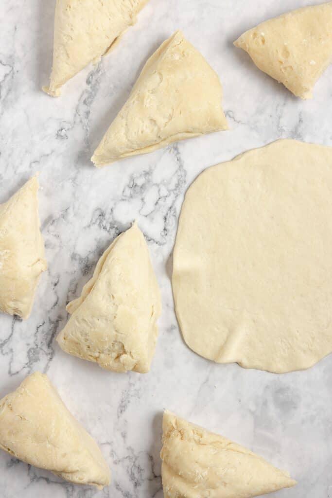 sourdough naan dough divided into 8 pieces with one piece rolled into a circle