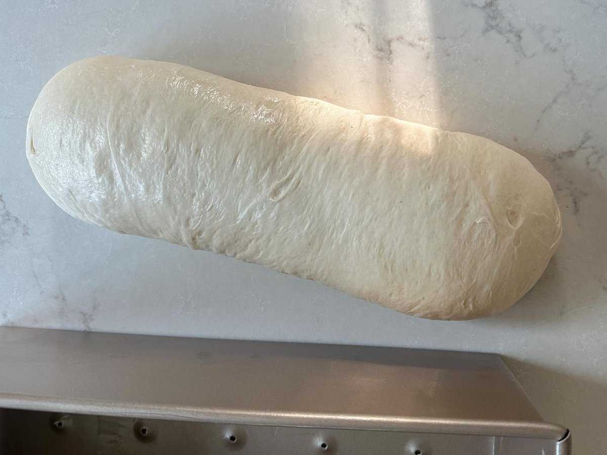 Pain de mie sourdough bread dough shaped into a loaf after bulk fermentation