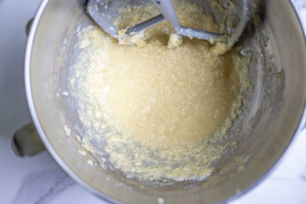 wet ingredients in the bowl of a stand mixer