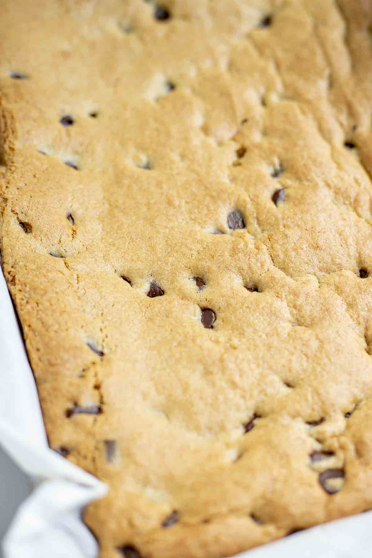 sourdough blondie in a parchment lined baking pan.