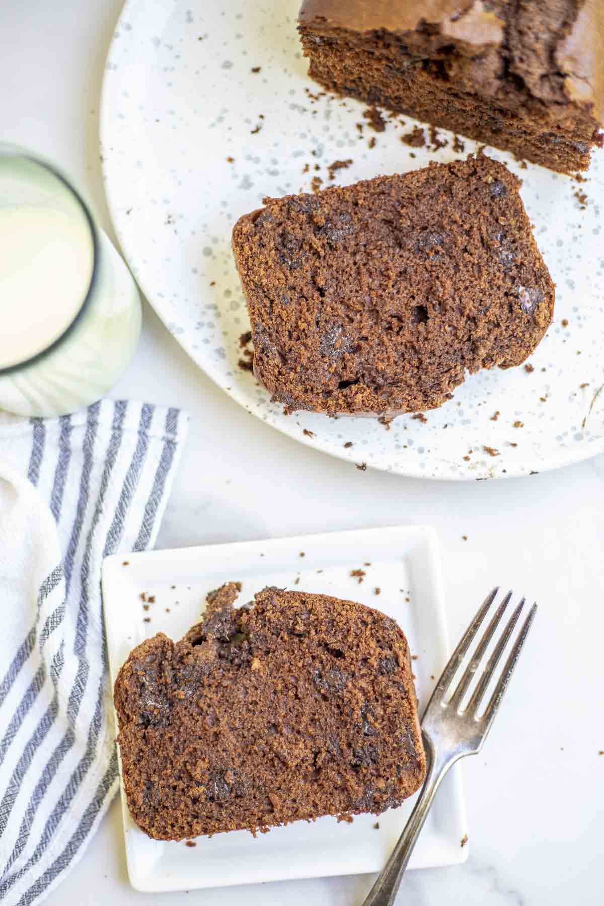 Slices of sourdough chocolate bread on plates with a glass of milk in the background