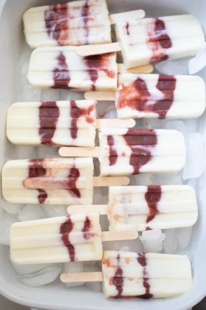 Homemade strawberry yogurt popsicles.