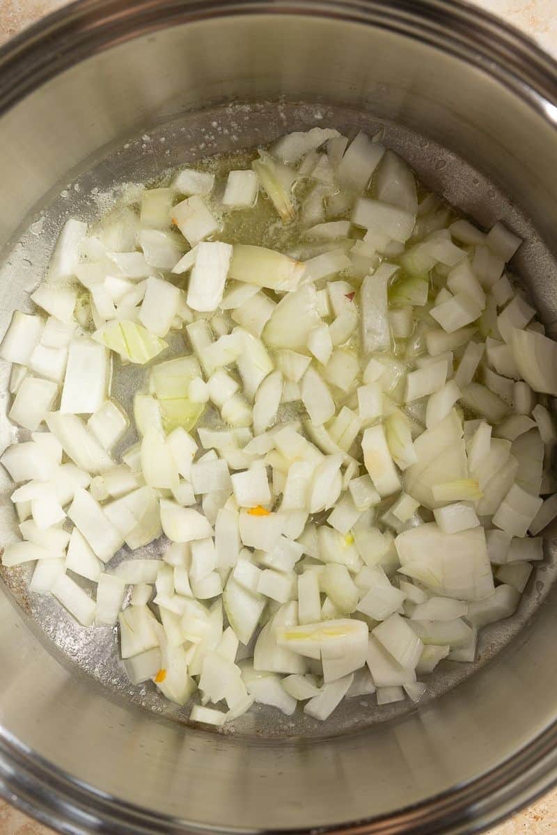 Diced onions in a large stock pot.