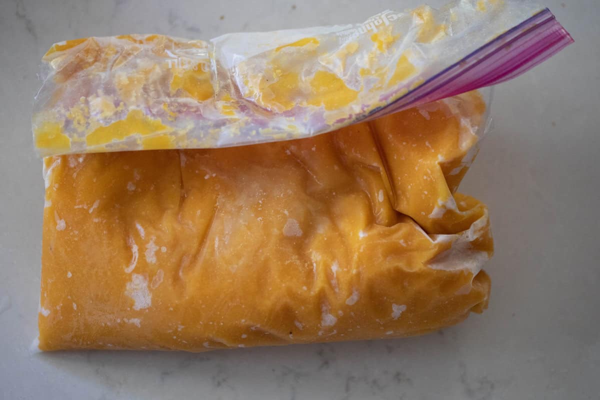 Pumpkin puree in a ziploc bag.