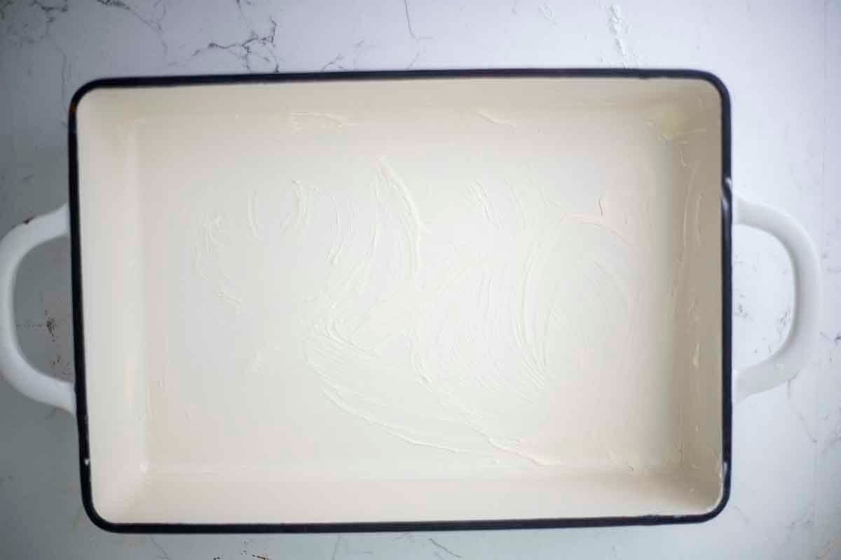 An empty 9-inch x 13-inch baking dish on the countertop.