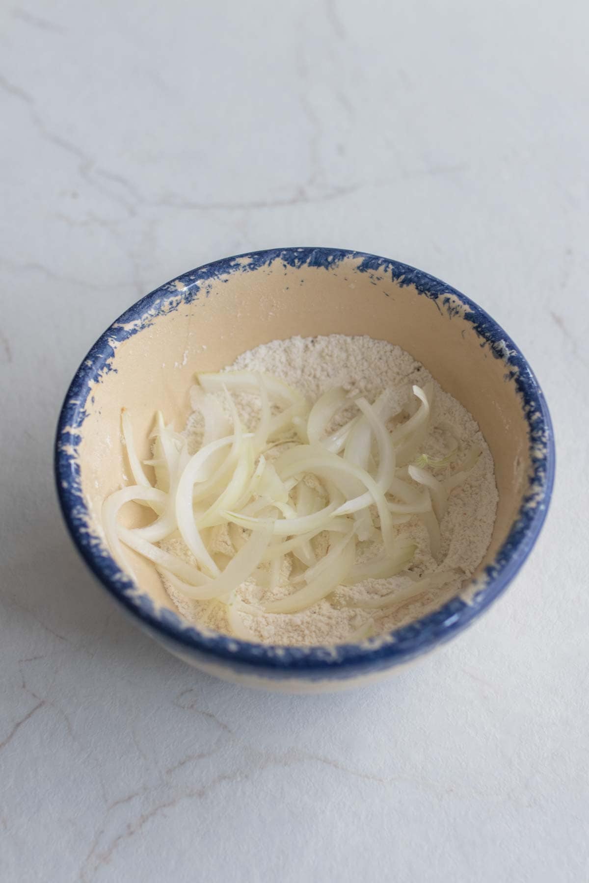 Sliced onions in a bowl with seasoning.