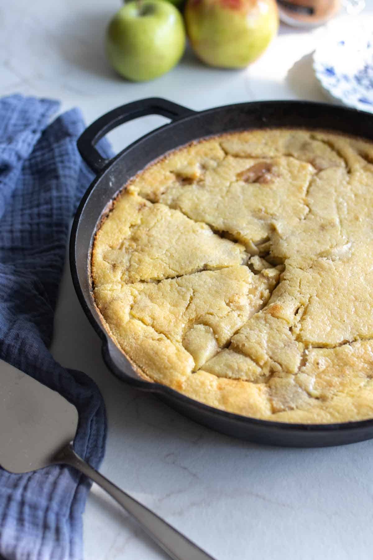 Sourdough apple cobbler baked to perfection in a cast iron skillet.