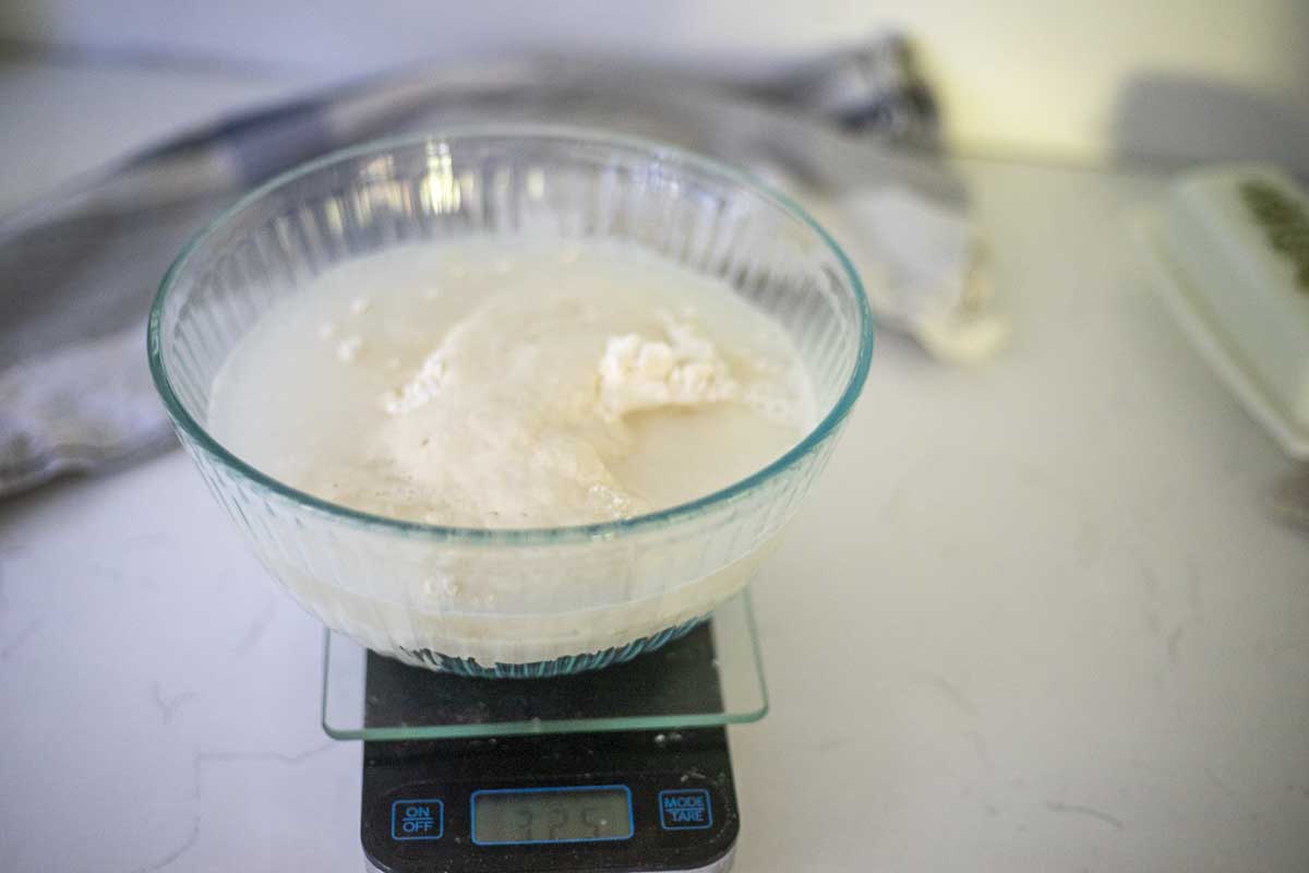 Weighing, flour, water, sourdough starter, and salt in a bowl.