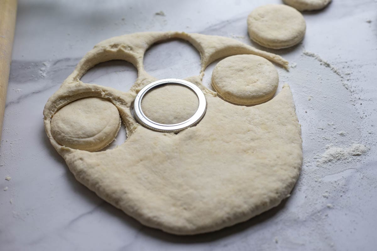 Biscuit dough rolled out with circles cut out.