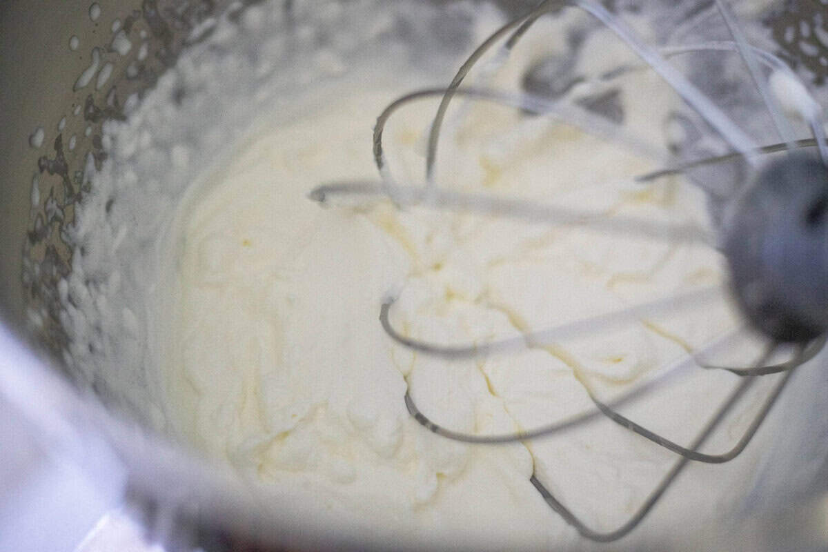 whipped cream, cream cheese, and maple syrup and vanilla in a stand mixer with a whisk attachment.