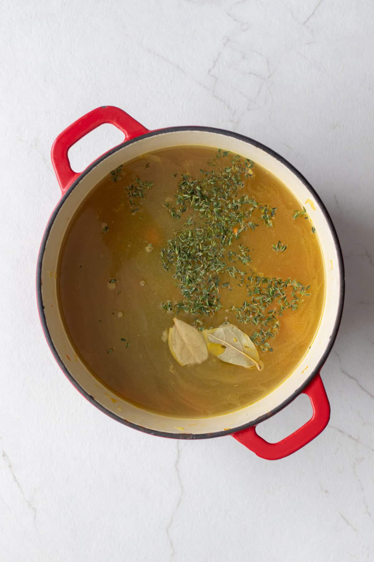 Herbs and broth in a large dutch oven.