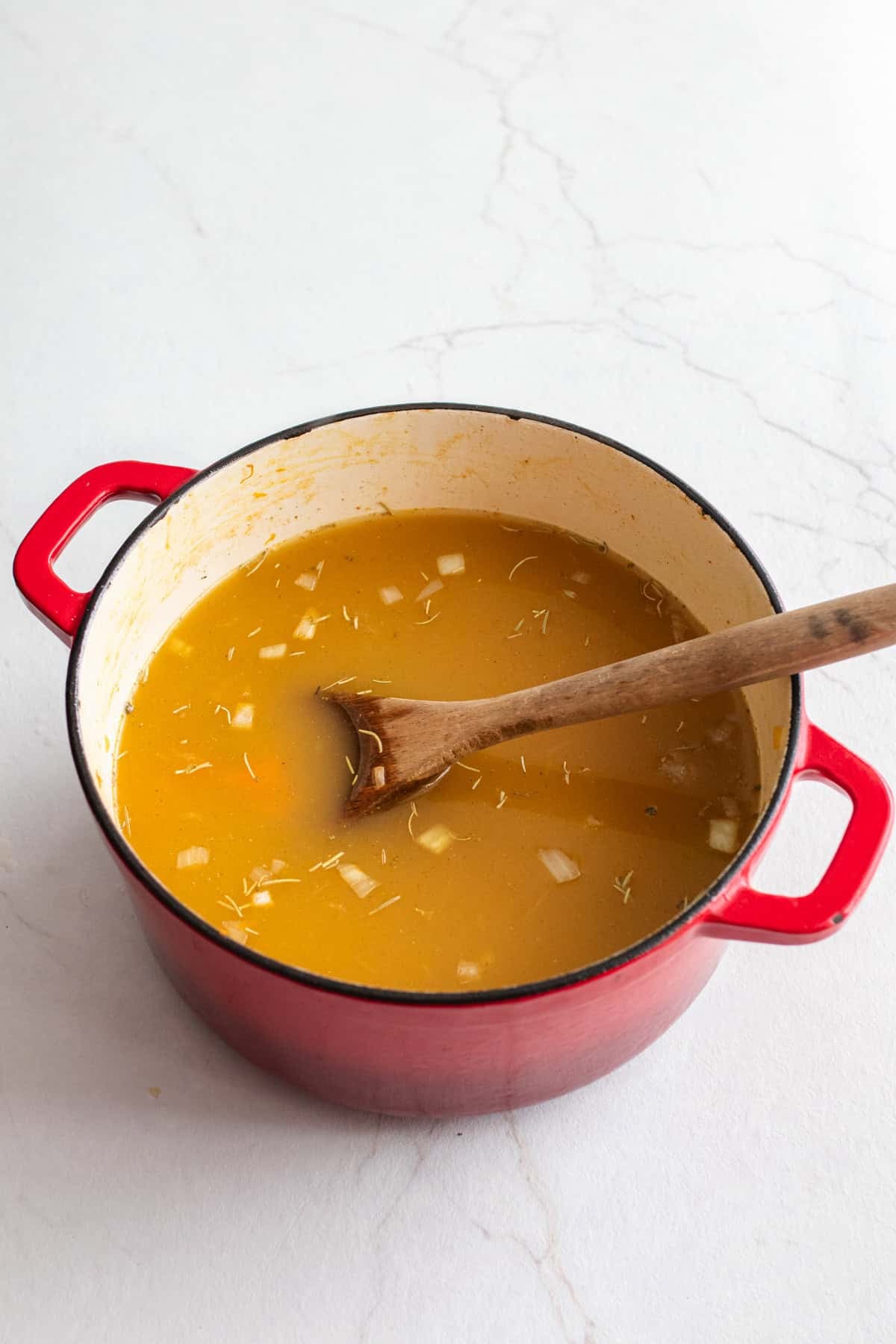 Broth in a Dutch oven.