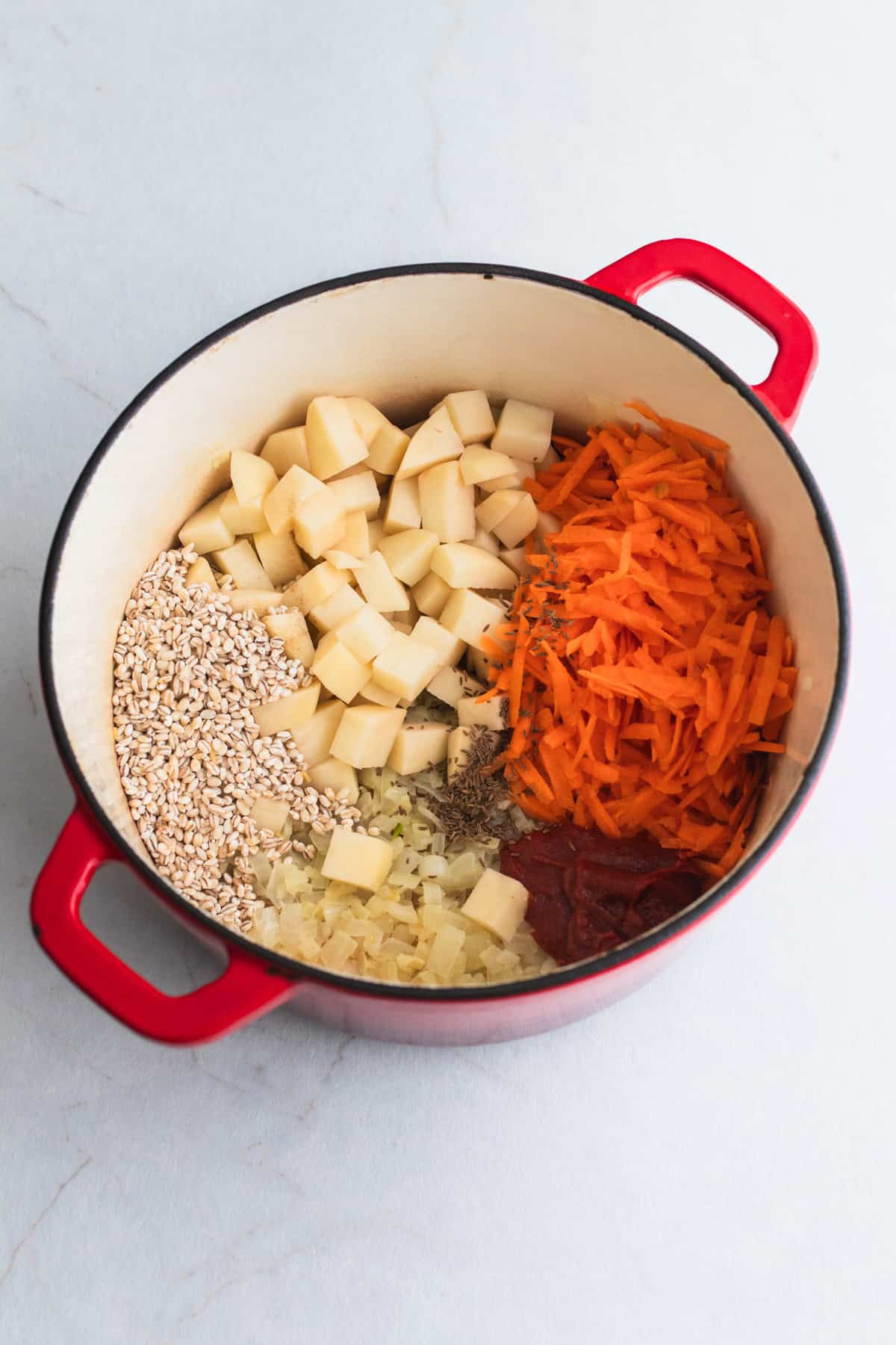 Ingredients in a Dutch oven.