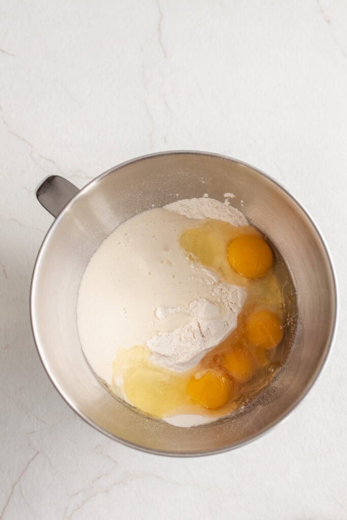 Ingredients in a stand mixer bowl. 