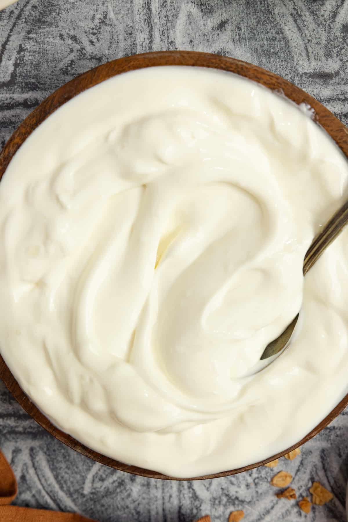 Thick Greek yogurt in a bowl with a spoon.