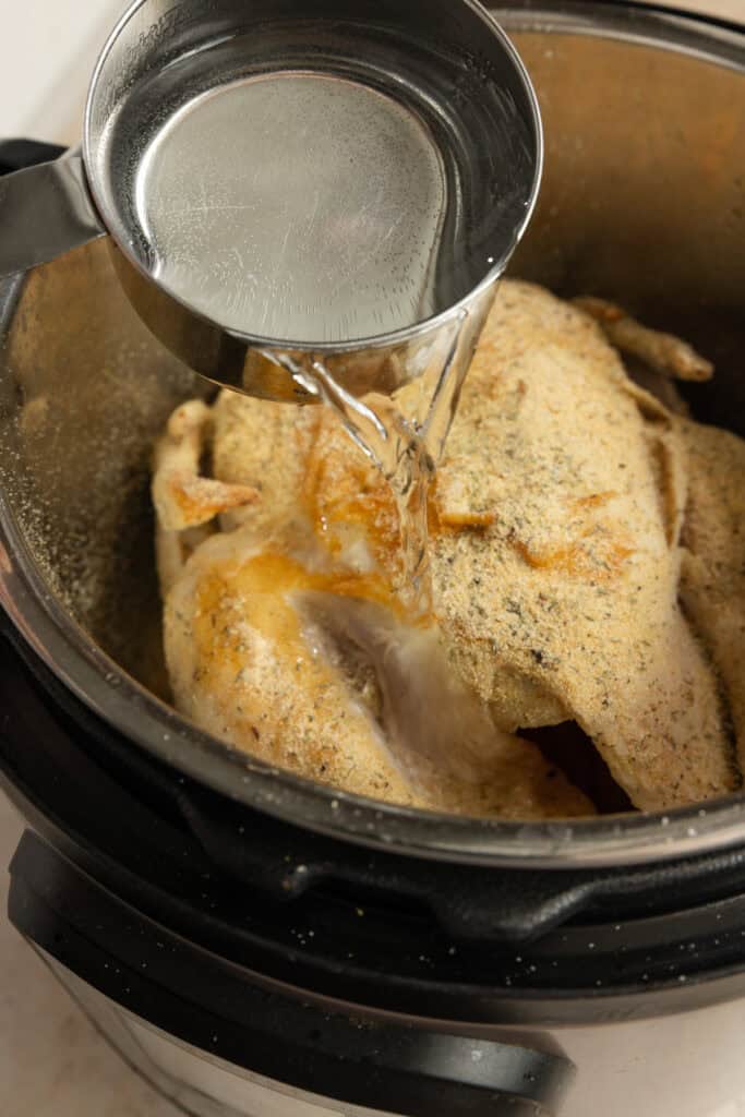 Water poured over a whole chicken in the instant pot.