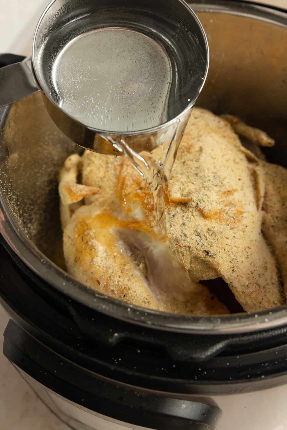 Water poured over a whole chicken in the instant pot.