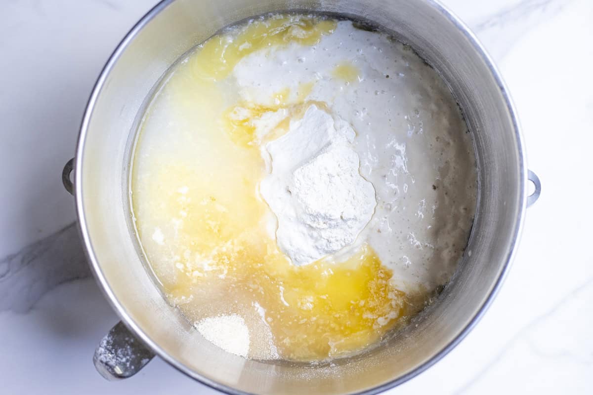 Flour, melted butter, sourdough starter, water, sugar, and salt in a stand mixer bowl.