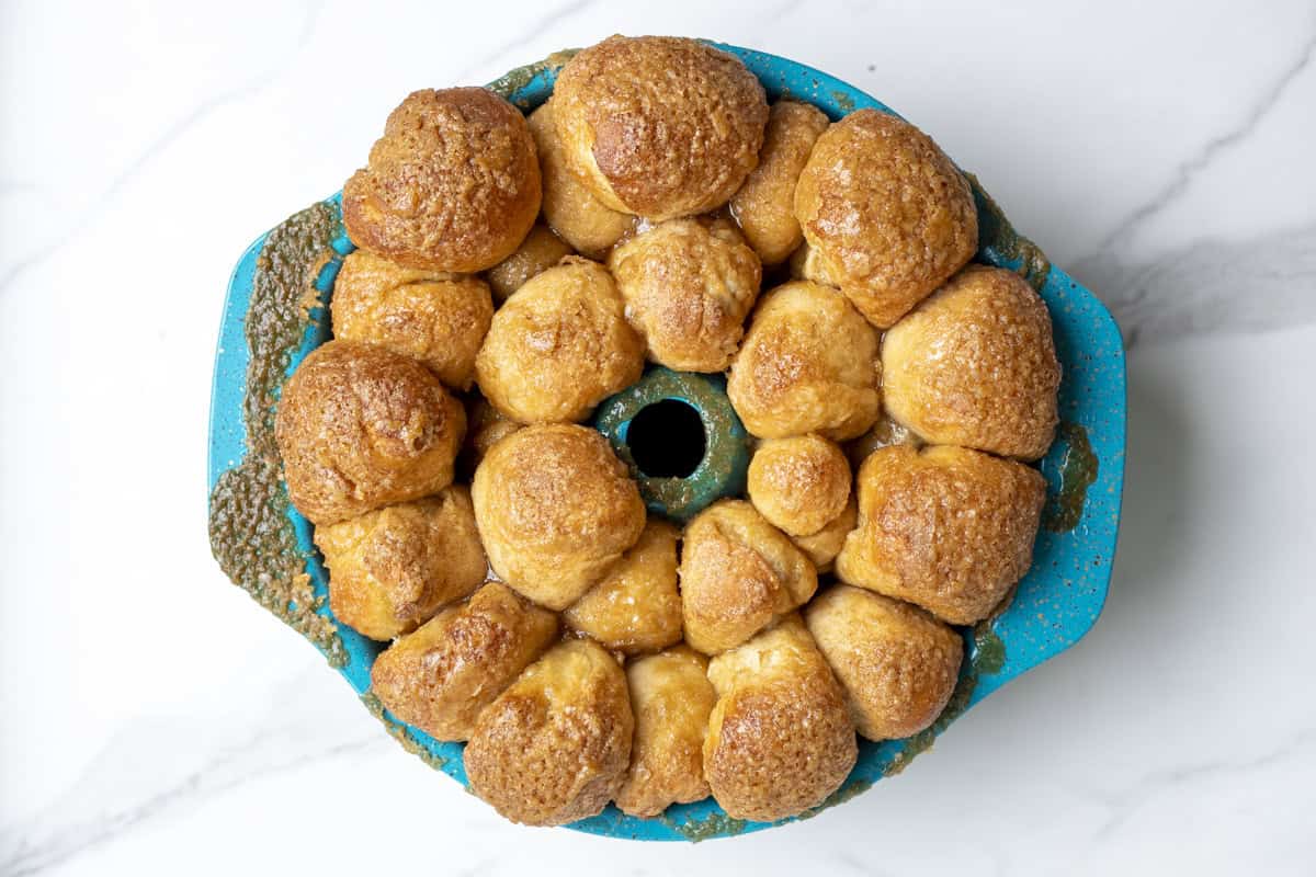 Baked monkey bread in a bundt pan.