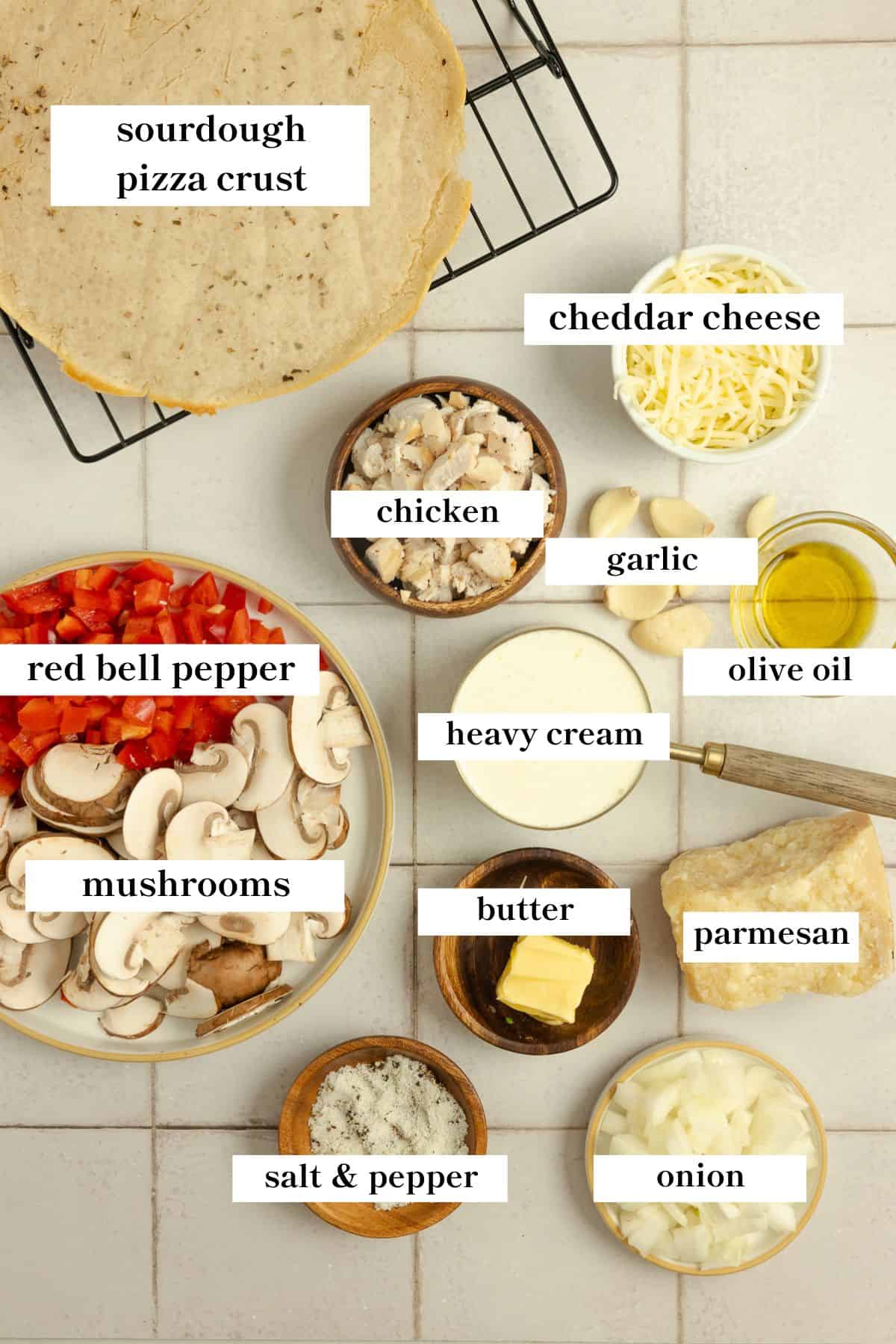 Ingredients on a countertop labeled.