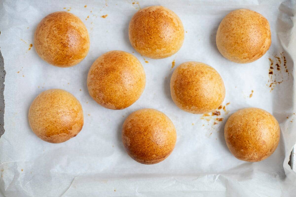 Freshly baked whole wheat sourdough dinner rolls on a parchment lined baking sheet.