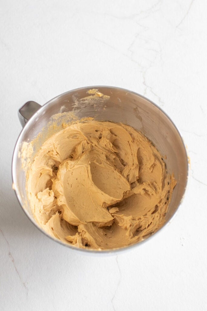 Eggs and nut butter added to cream butter and sugar and whipped until light and fluffy.