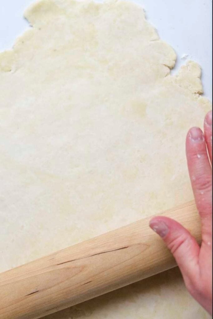 A hand using a rolling pin to roll out a pie crust to 1/4" thick.