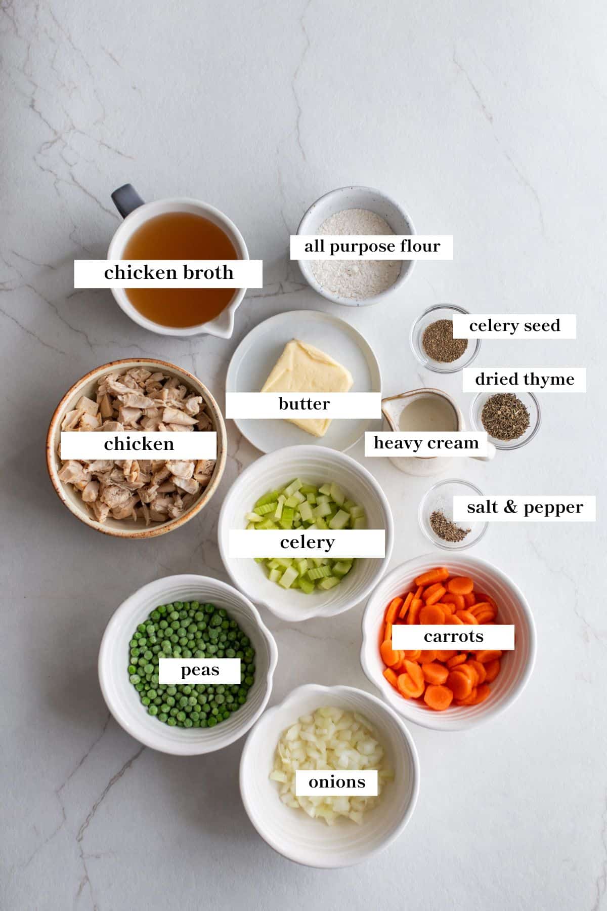 Ingredients for chicken pot pie on a counter top.