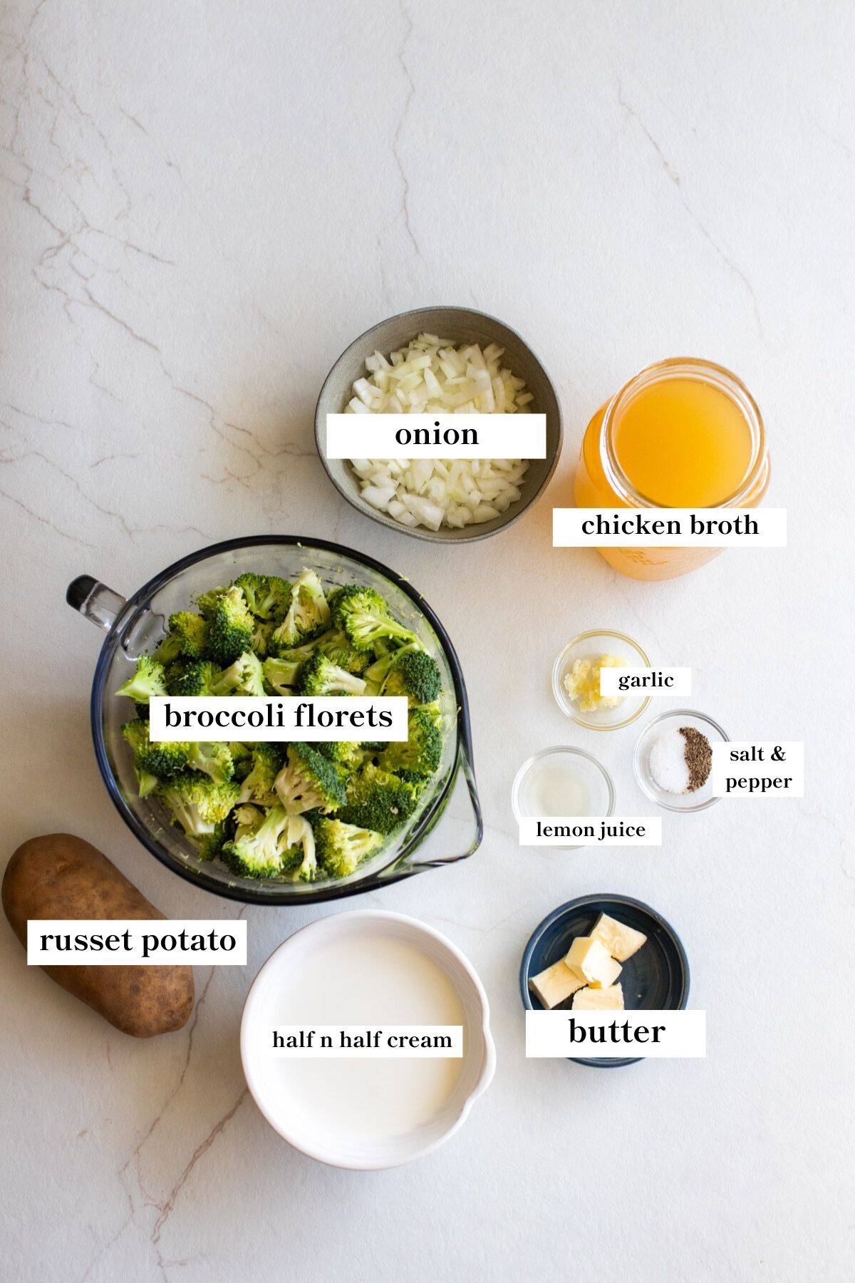 bowls of ingredients with labels over them.
