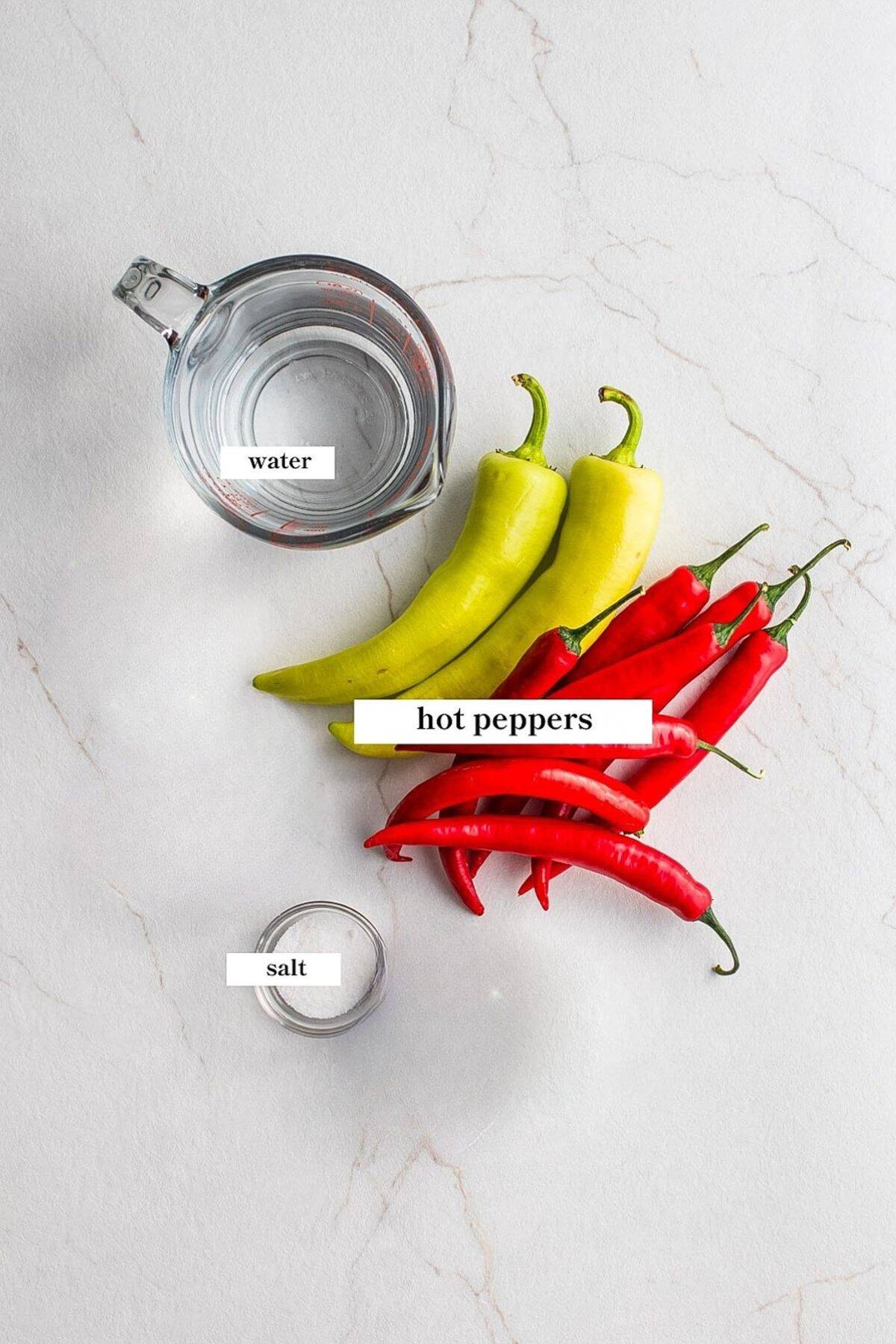 peppers, salt and water on a marble countertop.