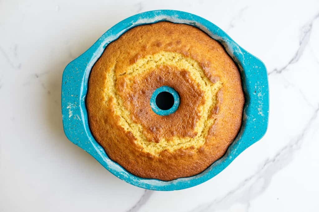 Baked sourdough Bundt cake on a countertop.