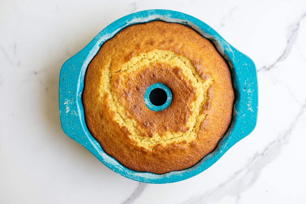Baked sourdough Bundt cake on a countertop.