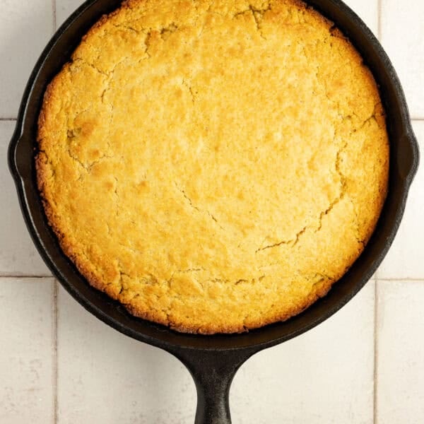 Cornbread in a cast iron skillet.
