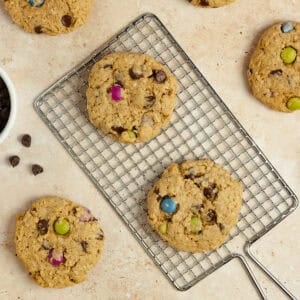 Sourdough monster cookies on a countertop.