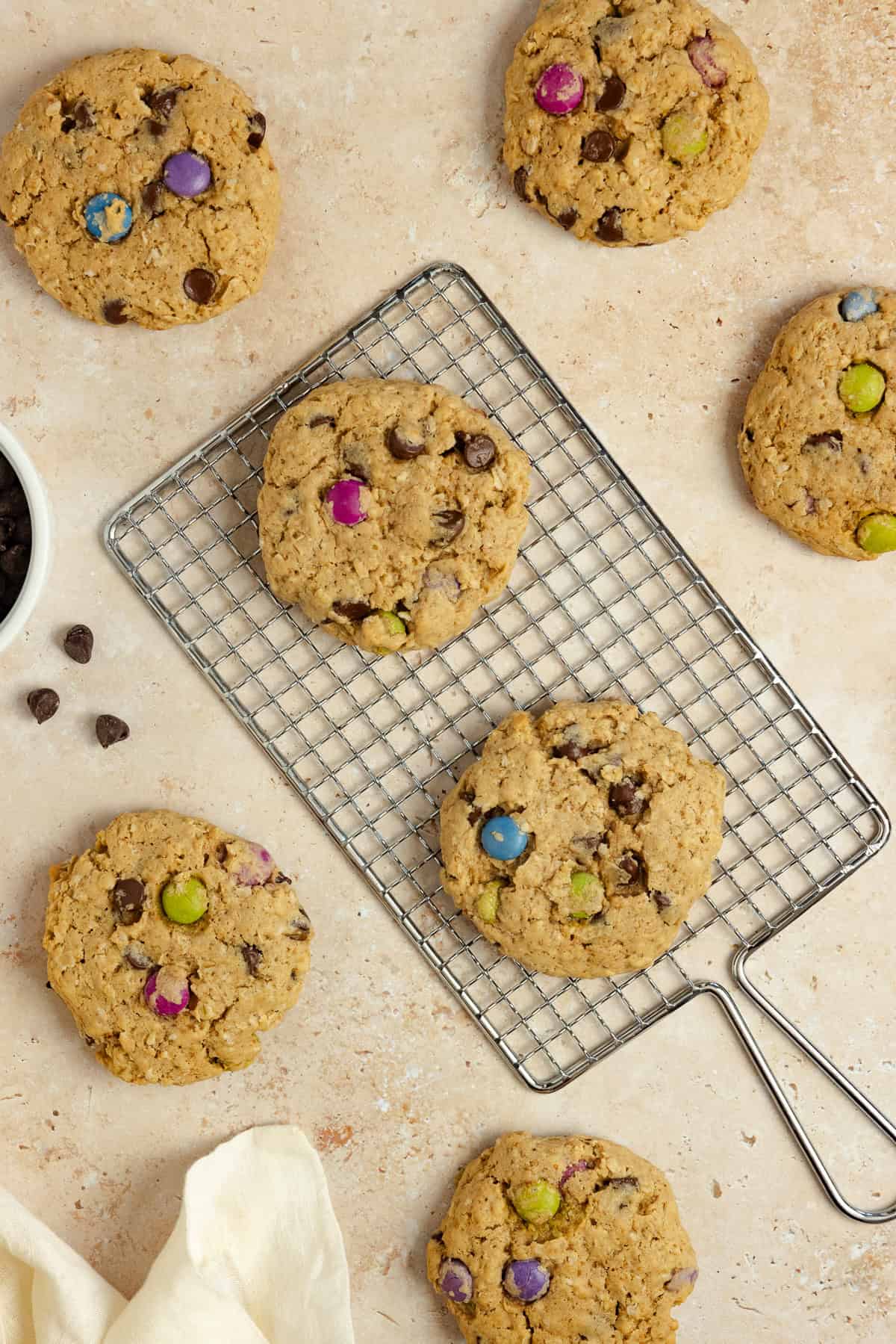 Sourdough monster cookies on a countertop.